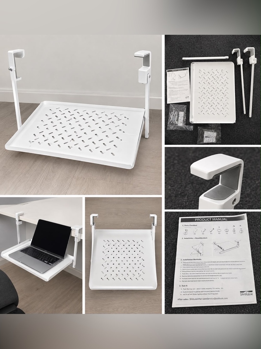 Adjustable White Under-Desk Laptop Tray - Universal Tablet & Accessory Shelf